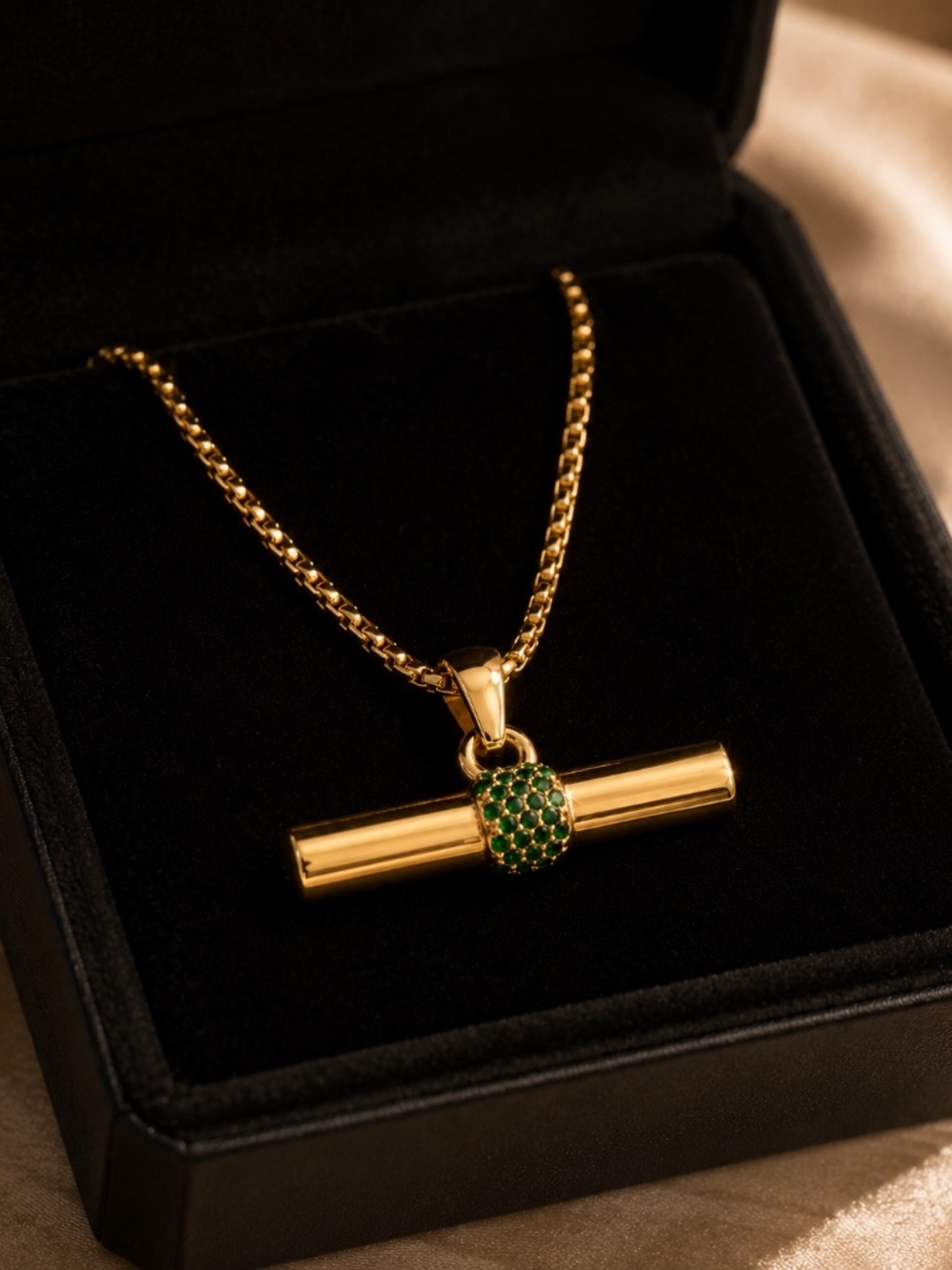 Gold Bar Pendant Necklace with Green Accent - Picture 11 of 14